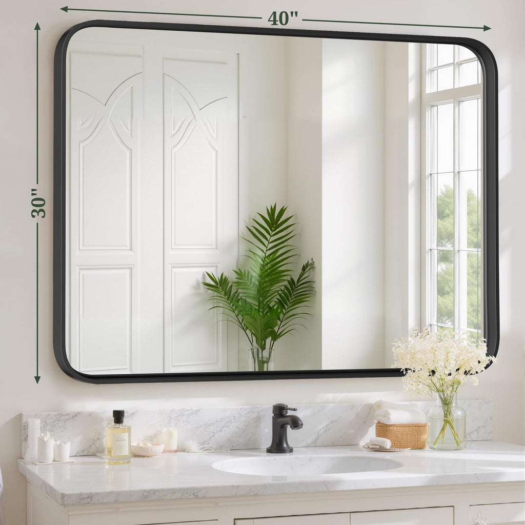 Bathroom Mirror 40x30 Inch Black Metal Frame Rectangle Vanity Mirror
