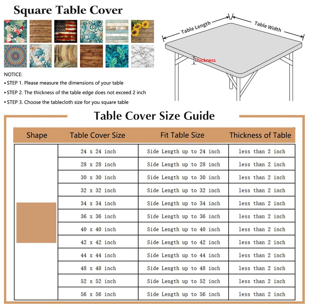 Square Fitted Tablecloth with Elastic Outdoor Table Cover Square Elastic Tablecloths for Tables Waterproof Wipeable