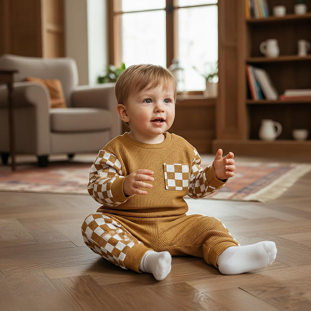 Baby Boy Fall Clothes Toddler Infant Plaid Patchwork Outfit Long Sleeve Round Neck Tops and Casual Pants Set