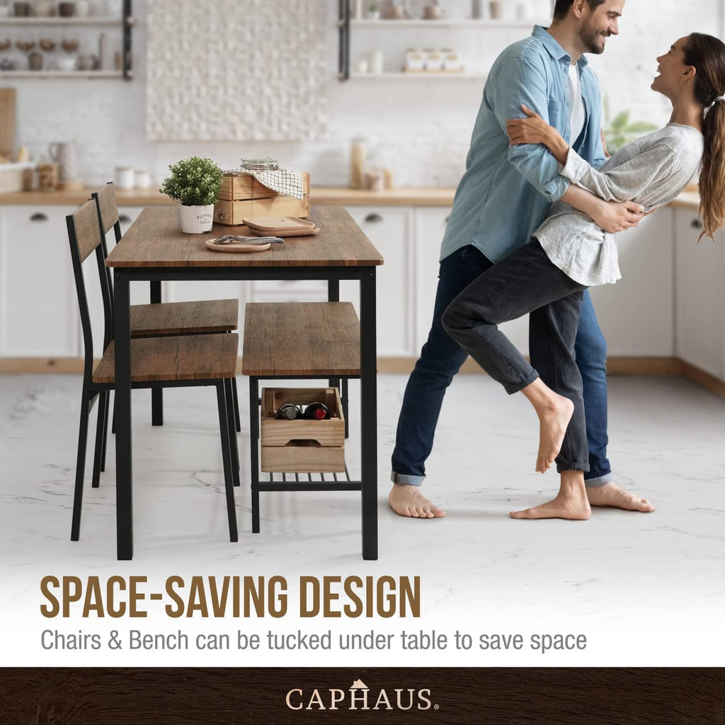 4 Pieces Dining Table Set for 4 w/Bench and Chairs, Modern Table Set w/Storage Rack, Rectangle Table, Bench & Two