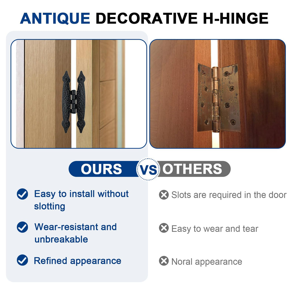 6Pcs 3.5 Inch Antique H Hinges, Decorative Flat Flush Mount Door Hinges