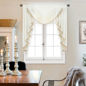 White Velvet Valance, Vintage Waterfall Swag, Blackout Window Treatment with Crystal Bead Trim Theater & Media Rooms