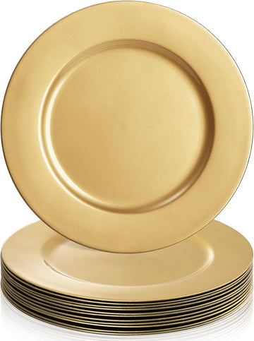 Gold Charger Plates, 13 Inch Plastic Round Dinner Charger Plates for Wedding Party, Elegant Tabletop Decor - Set of 12