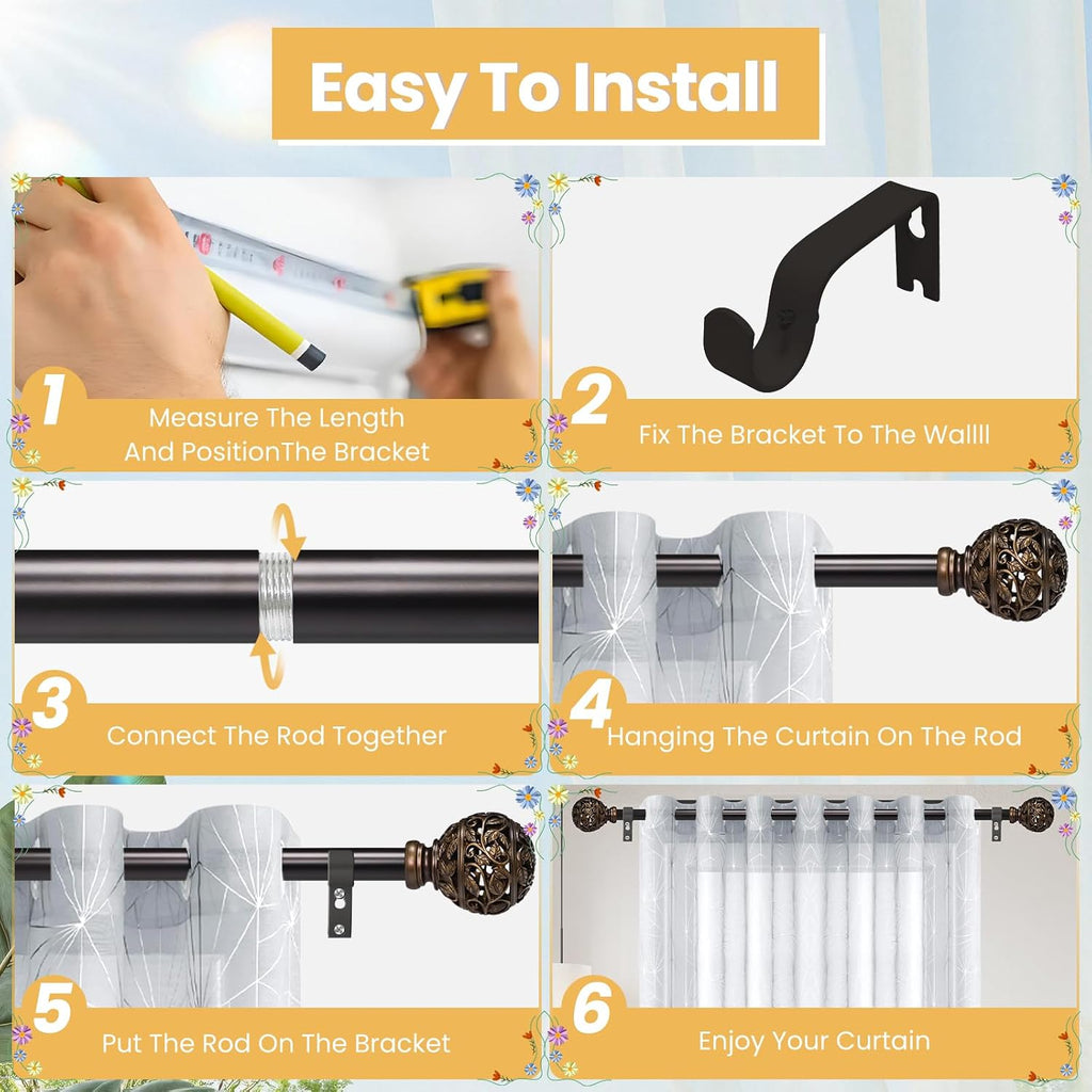 Curtain Rods For Windows 28 to 48 Inches, 1 Inch Heavy-Duty Adjustable Decorative Curtain Rods With Branches Leaves