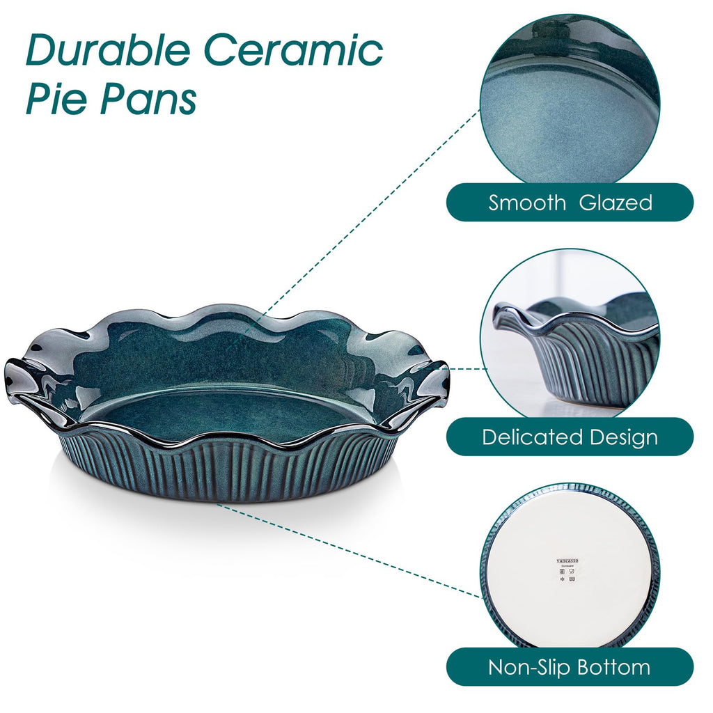 9 Inch Pie Pan for Baking, Ceramic Pie Dish with Ruffled Edge