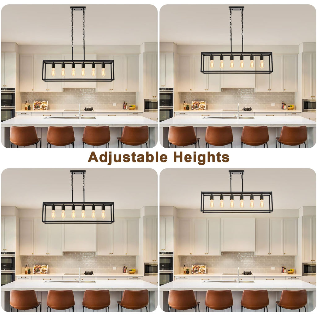 6 Light Black Chandeliers, Adjustable Height Linear Chandelier Kitchen Light Fixture, Modern Farmhouse Chandelier