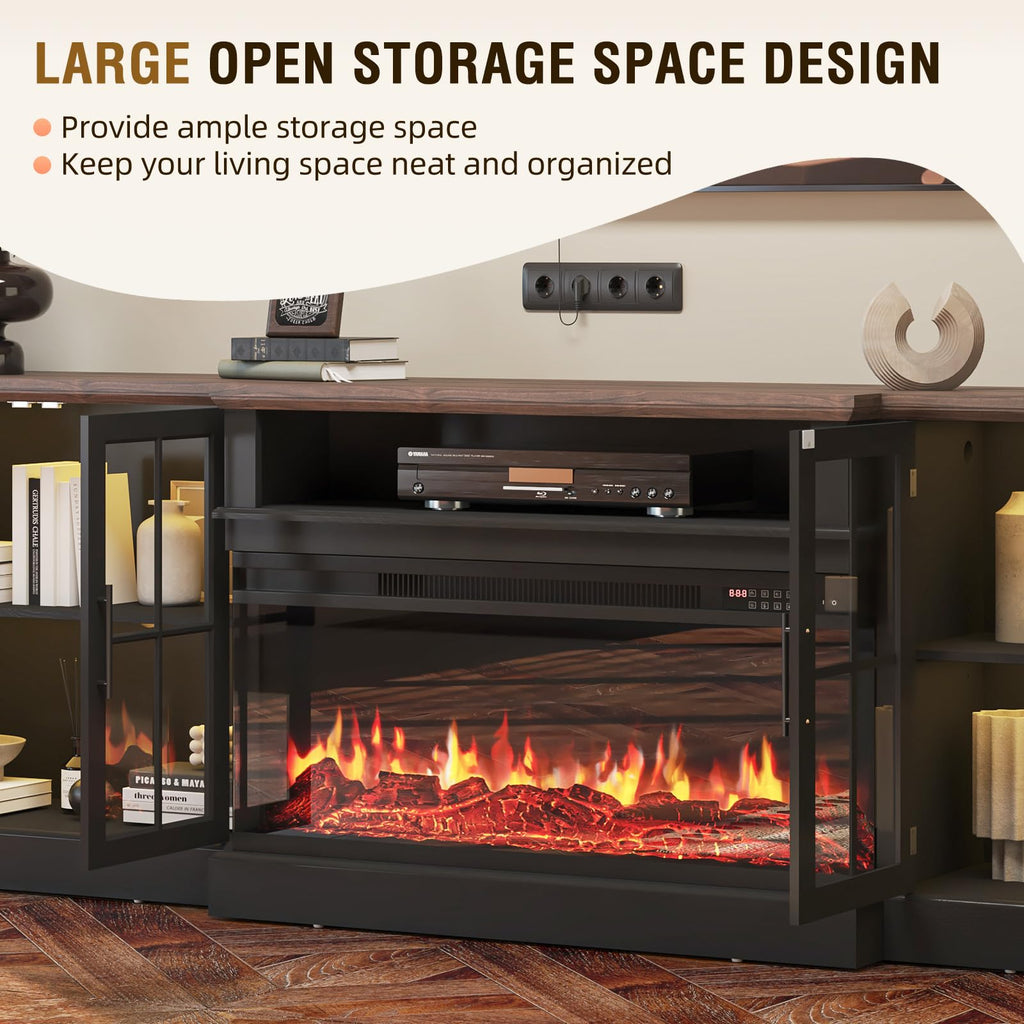 98" Farmhouse TV Stand with Fireplace, Black & Black