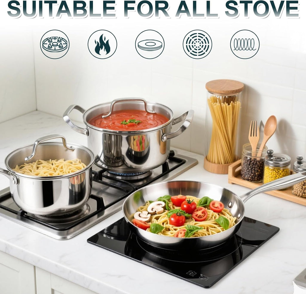 Stainless Steel Cookware Set - 20 PCS Pots and Pans Set with 3-Ply Stainless Steel Frying Pan, Professional Kitchen