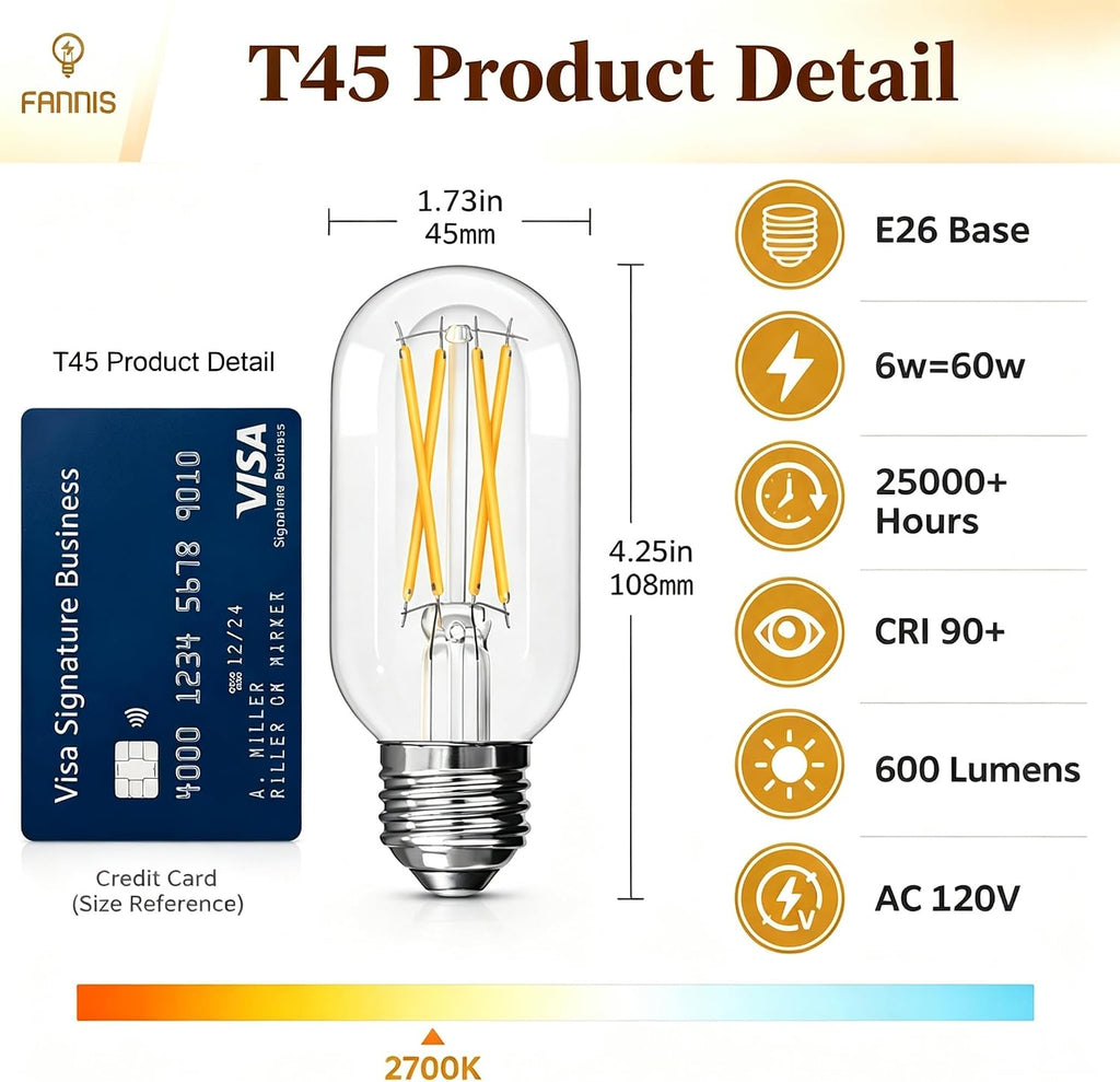 T45 T14 LED Bulb 4 Pack, E26 Edison Filament Light Bulbs 6W 60W Equivalent