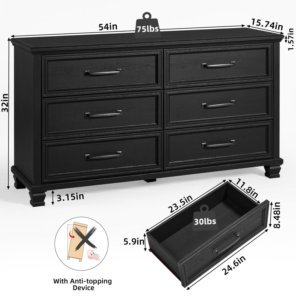 Farmhouse Black 6 Drawer Dresser, 54 inch Wide Vintage Large Chest of Drawers with Square Wood Legs, Rustic TV