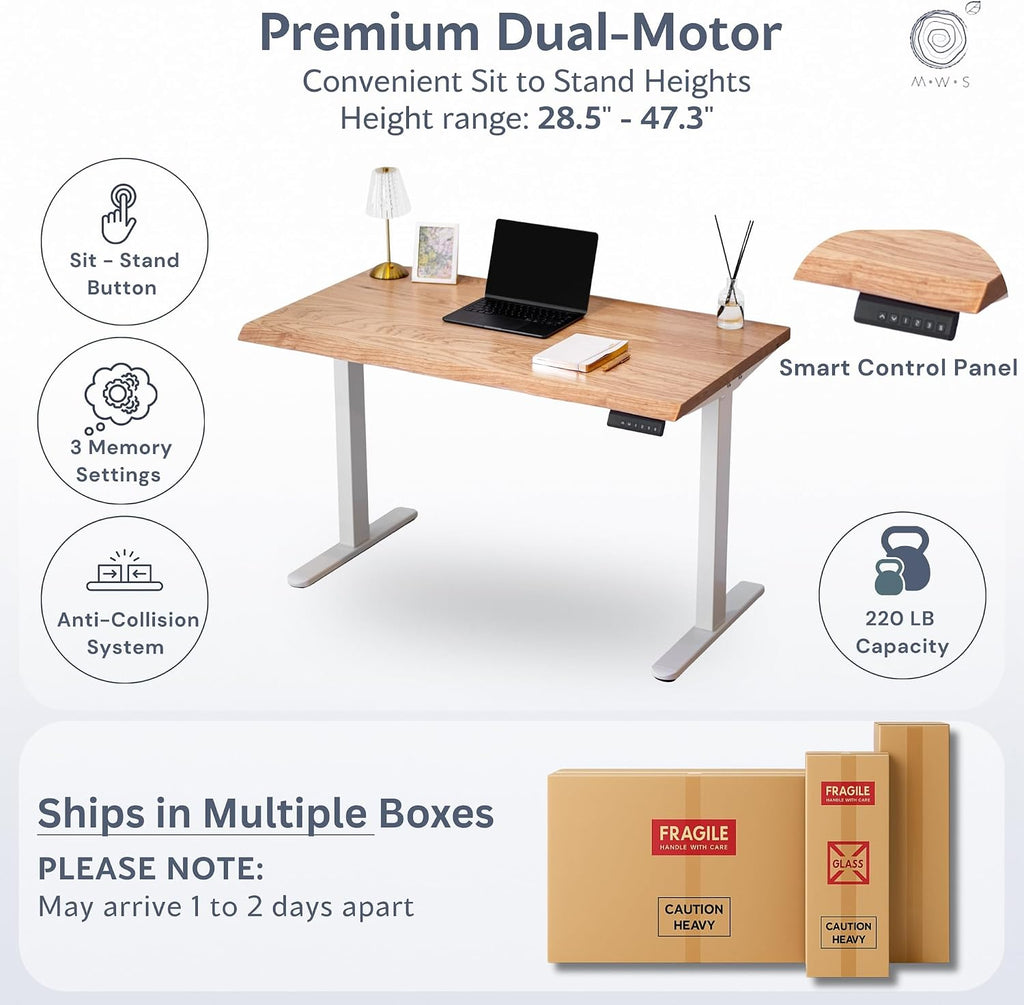 White Oak Solid Wood Standing Desk with Drawer, 60x27 | Live Edge Sit Stand Desk with Electric Adjustable Height Dual