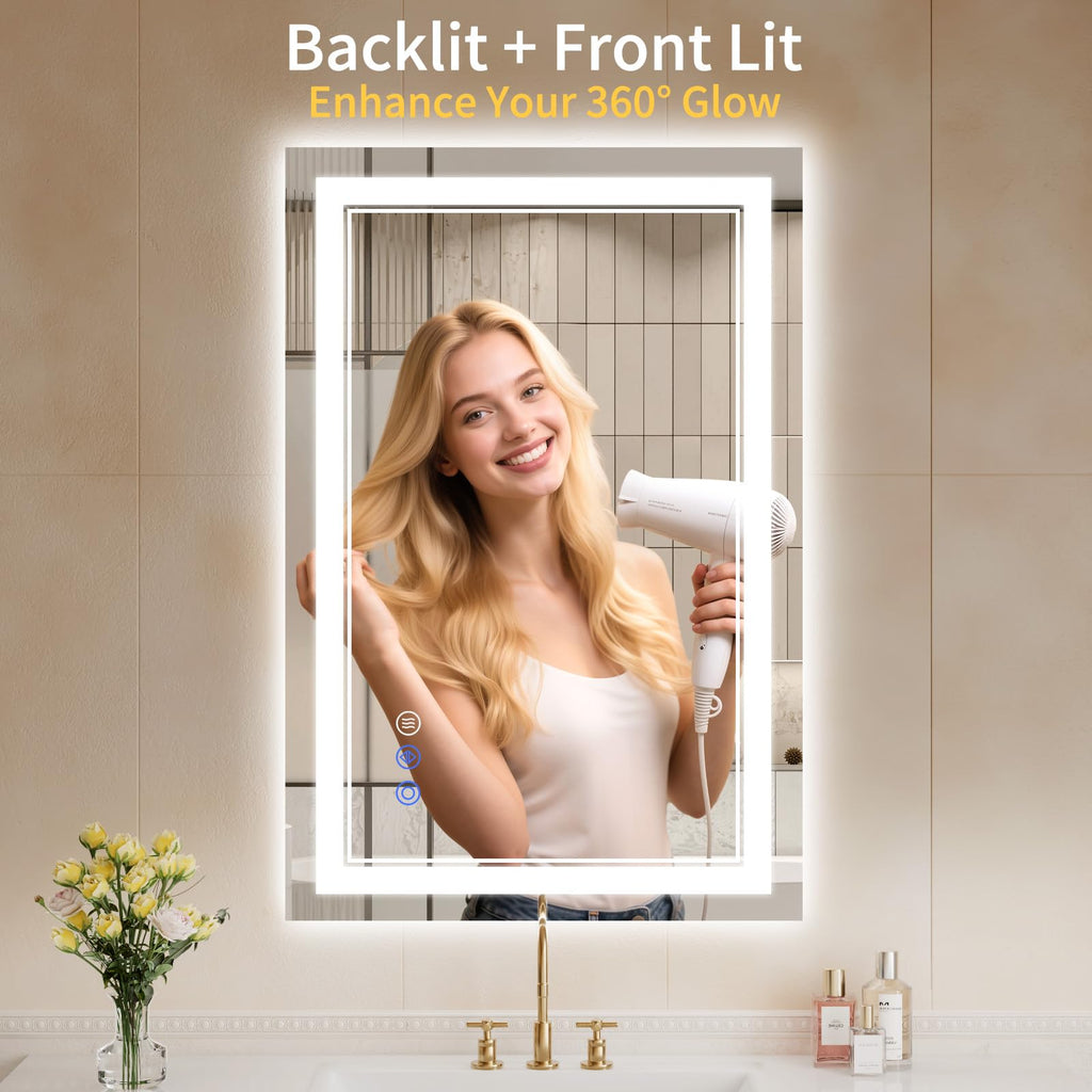 24X36 LED Bathroom Mirror with Lights, Anti-Fog, Backlit + Front Lit, Dimmable, Led Vanity Mirror for Wall, Lighted