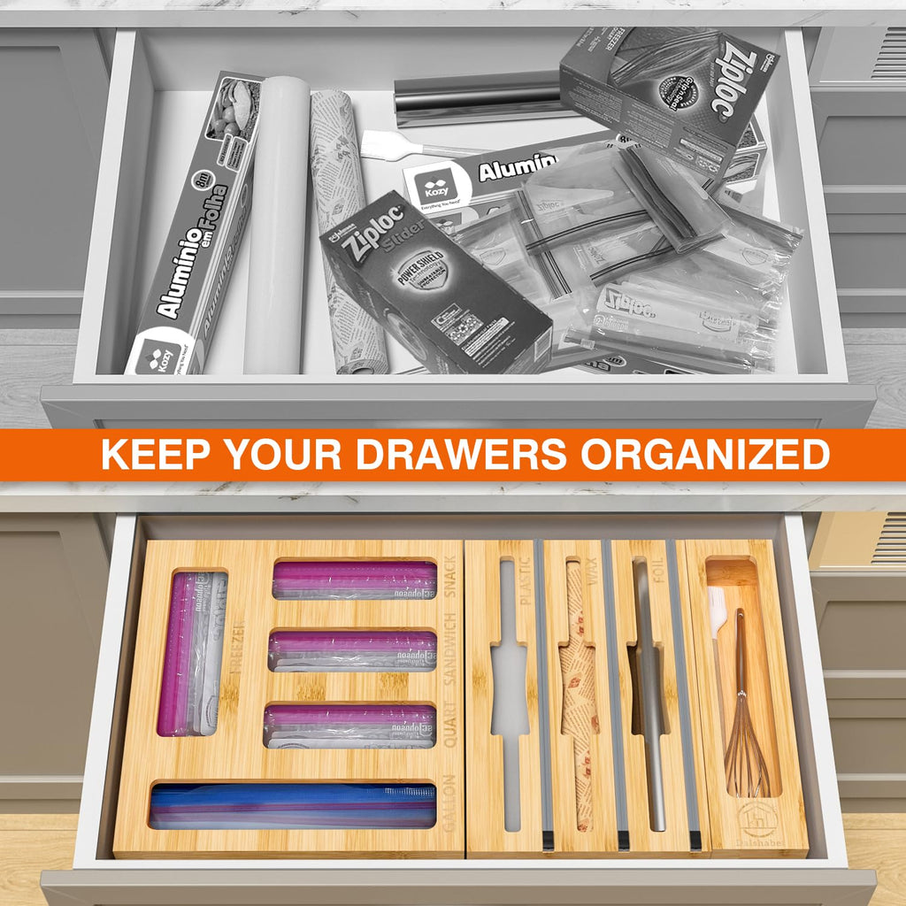 9-in-1 Bamboo Kitchen Drawer Organizer for Storage Bags and Wrap
