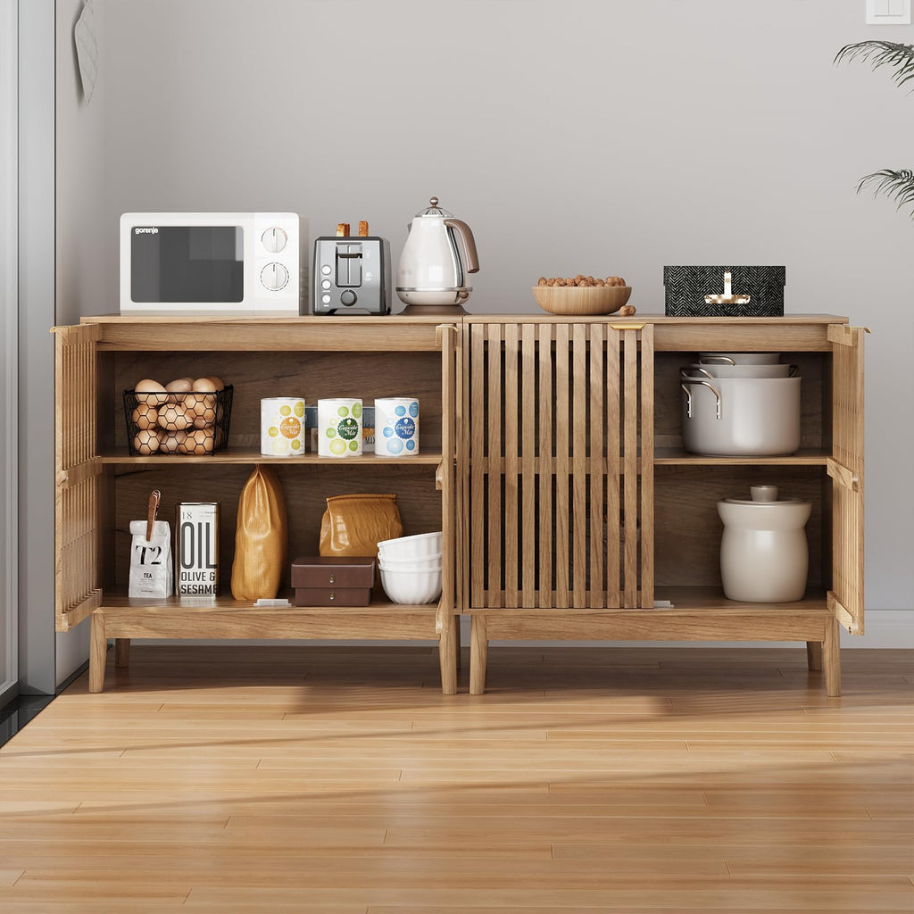 Wooden Sideboard Buffet Cabinet with Slatted Ventilation Doors & Adjustable Shelf, Sideboard Cabinet Storage Cabinet