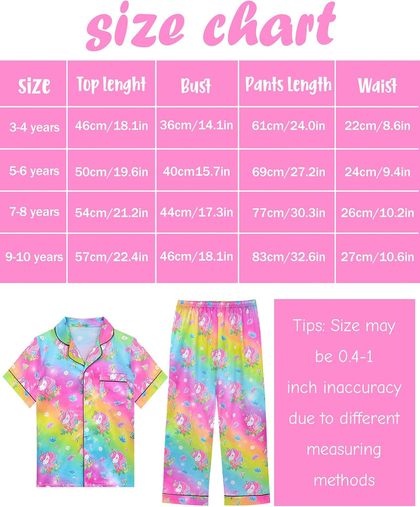Girls Satin Pajamas Silk PJS Set Rainbow Unicorn Sleepwear Short Sleeve Long Pants Jammies for Toddler Kids