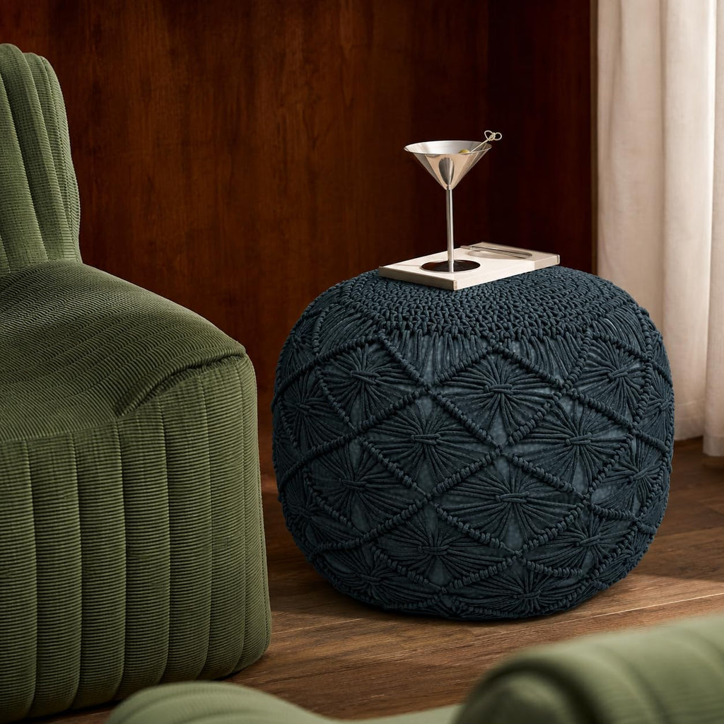 Macrame Pouf Ottoman 20x20x14 Teal Handwoven Dori Footrest Stool