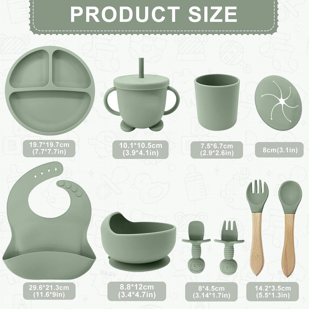 Feeding Set, Toddler Feeding Set 12 Pcs, Suction Bowl and Baby Plate, Silicone Bib,Spoon,Fork & Sippy Cup,BPA Free