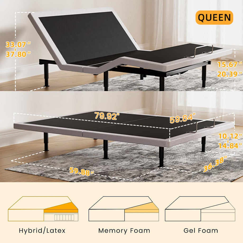 Queen Adjustable Bed Frame with Massage, Wireless Remote, Head Foot Incline, USB, Underbed Light - Heavy Duty