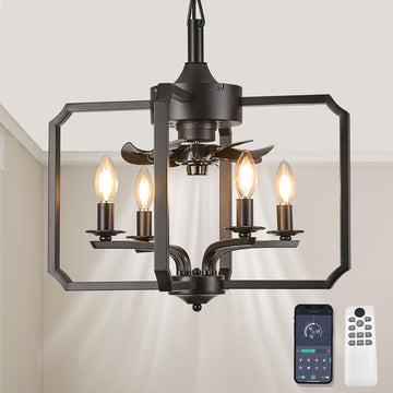 Farmhouse Chandelier Fan, 20" Industrial Caged Ceiling Fans with Lights and Remote Control, Rustic Hanging Pendant