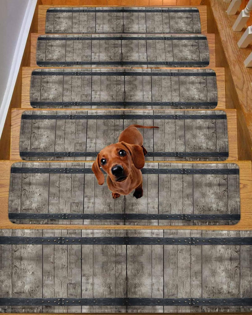 Country Barn Door Stair Treads Distressed Retro Brown Wood Grain Rivet Indoor Non Slip Peel and Stick Stair Treads