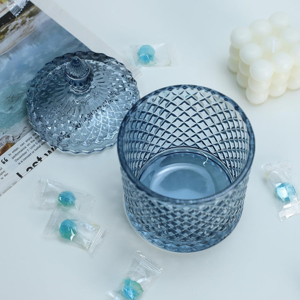 Diamond Faceted Crystal Glass Candy Jar with Lid, 18oz Blue Decorative Jar, Nut Jar, Dried Fruit Storage Jar.