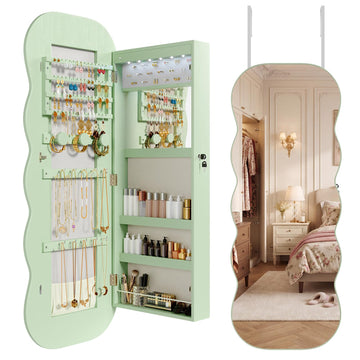 Wavy Mirror Jewelry Cabinet, Hanging Jewelry Organizer, Green