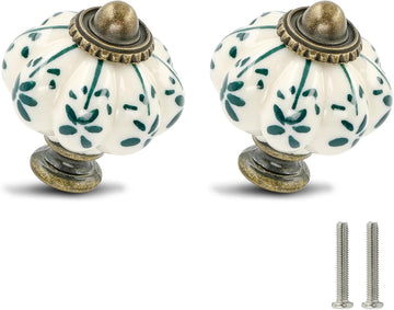Ivory & Green Pumpkin Knobs 12 Pack Ceramic Cabinet Knobs Vintage Drawer Pulls - Antique Dresser Pulls with Screws