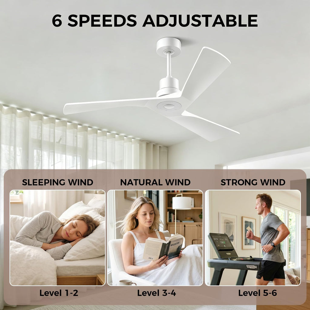 Inspired Adler Style 52" Solid Wood Ceiling Fan Without Light, 3 Sculpted Blades, Quiet DC Motor, 6-Speed Remote - White