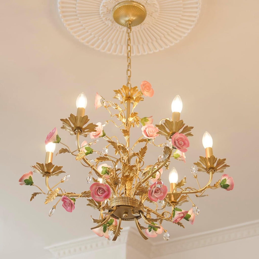 Gold Wrought Iron Floral Chandelier with Pink Ceramic Roses & Crystals, 6-Light French Country Candle Fixture