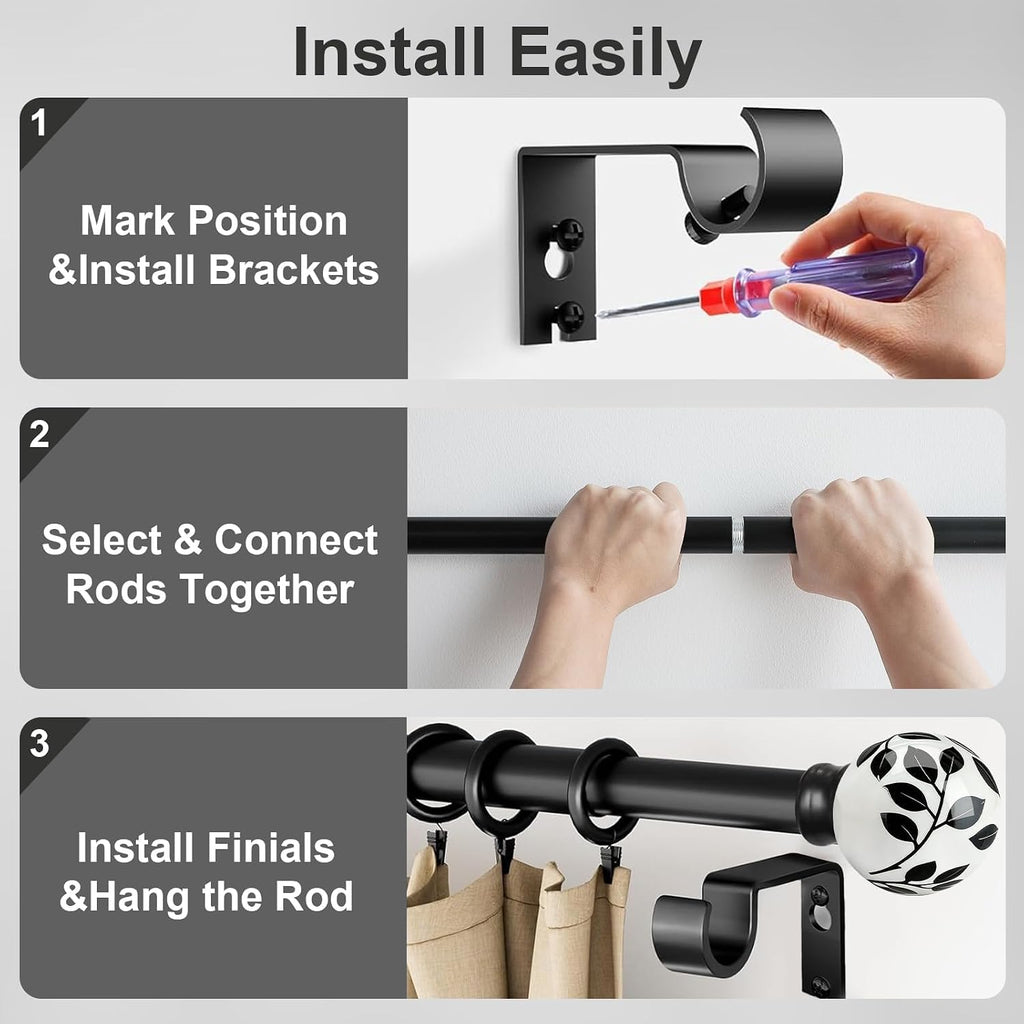 Ceramic Black Curtain Rods for Windows 16 to 144 Inches Adjustable Length Extendable Heavy Duty 1" Diameter iron