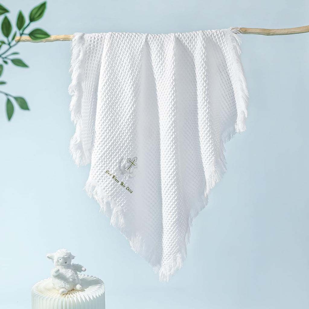 Fringe Baby Blankets Neutral, Baptism Christening Blanket for Baby