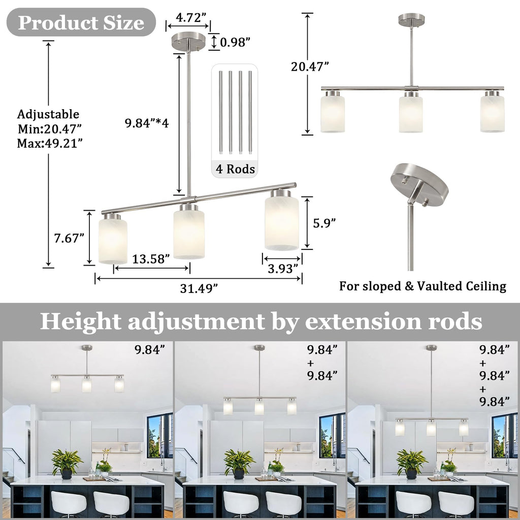 Kitchen Island Lighting Brushed Nickel Dining Room Light Fixture with Milk Glass Shade 31" Modern Linear