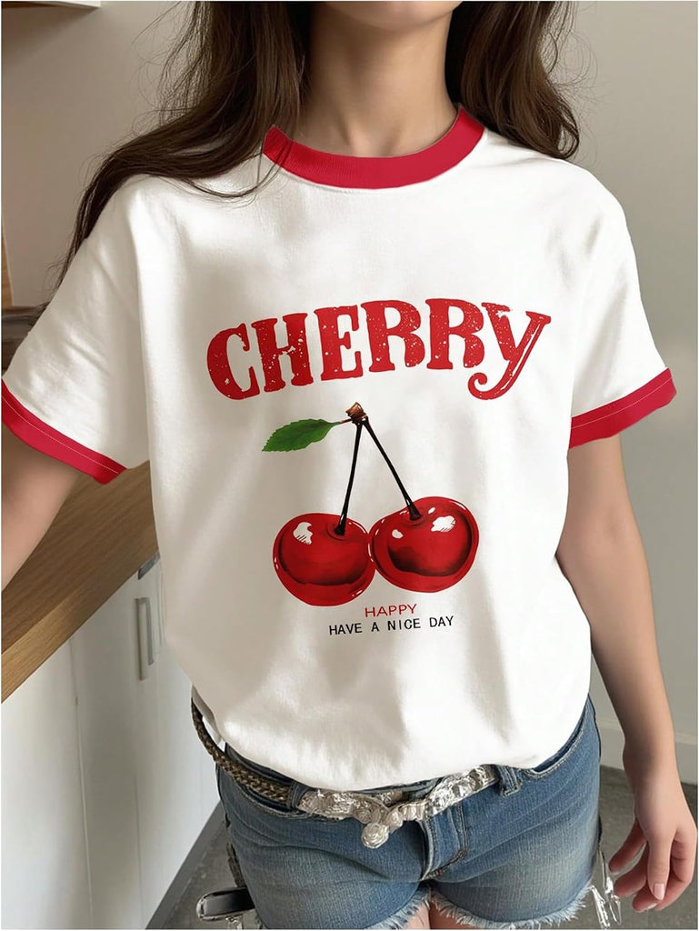 Girl's Cherry Graphic Tees Colorblock Aesthetic Cute Summer Tops