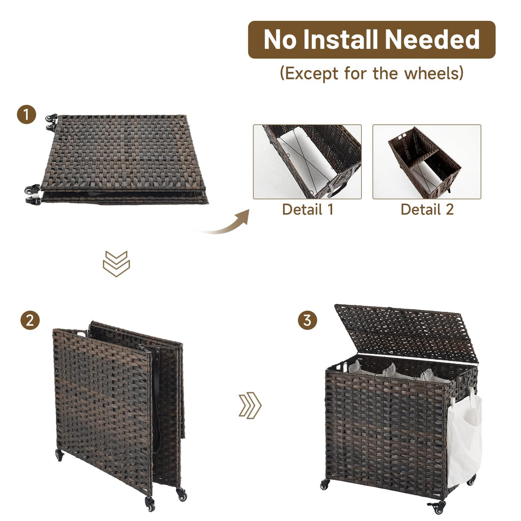 Hamper with Wheels, 34.3 Gallon(130L) Rolling Laundry Basket with Lid, 3-Section Rattan Clothes Hamper with 3