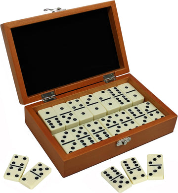 Premium Dominos Set - with Wooden Carry Case, 28 Double-Six Ivory Dominoes with Black Pips, Felt-Lined Walnut Case &