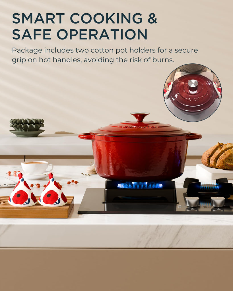 Enameled Cast Iron Dutch Oven, 6QT Pot with Lid, Cherry Red
