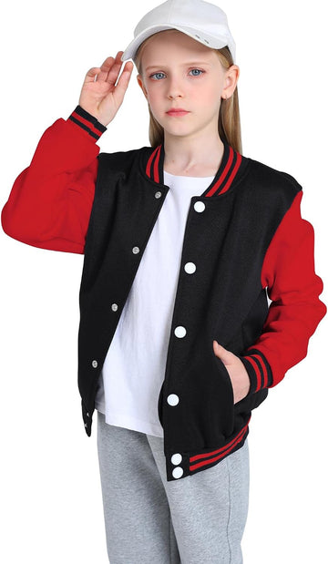 Girls Varsity Jacket Kids Baseball Lightweight Jacket Fleece Coat Button Closure School Outwear