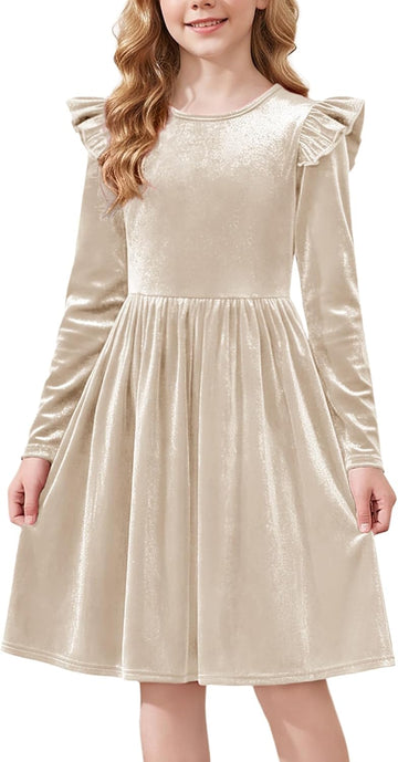 Girls Velvet Dress Flutter Long Sleeve Fall Winter Formal Dresses