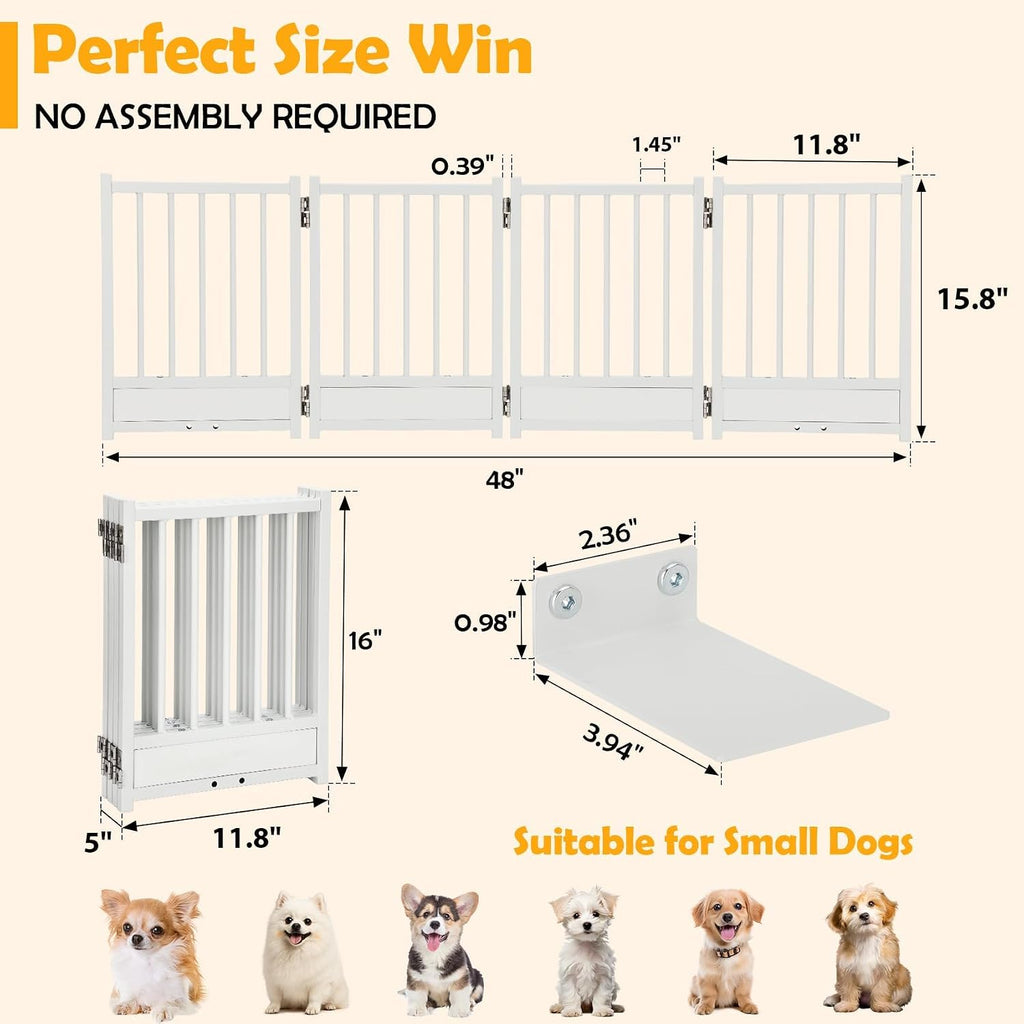 Freestanding Short Dog Gate, 16" Pet Gate Indoor with Support Feet Easily Step Over, 4 Panel Metal Wood Foldable Pet