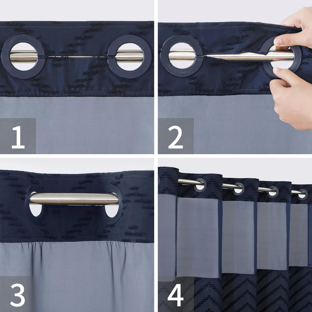 Extra Long No Hook Tufted Chevron Striped Shower Curtain with Snap-in Fabric Liner set-71Wx86H(84H), Navy Blue Hotel