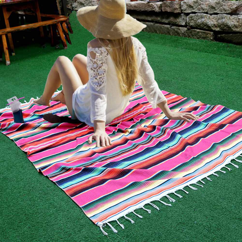 59 x 84 Inch Mexican Blanket Striped Tablecloth Large Square Fringe Cotton Mexican Serape Tablecloth for Mexican