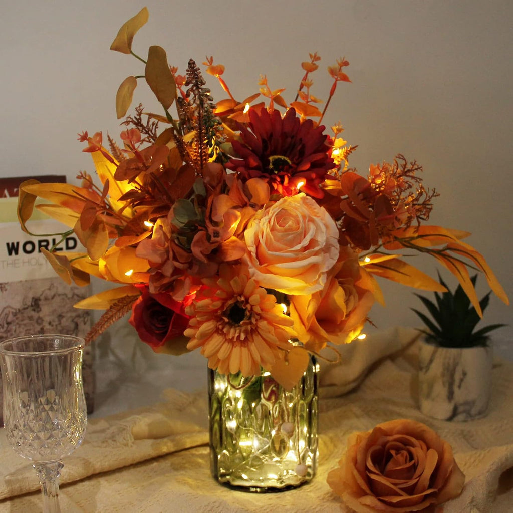 Fall Artificial Flowers in Vase, Fall Orange Rose Centerpiece