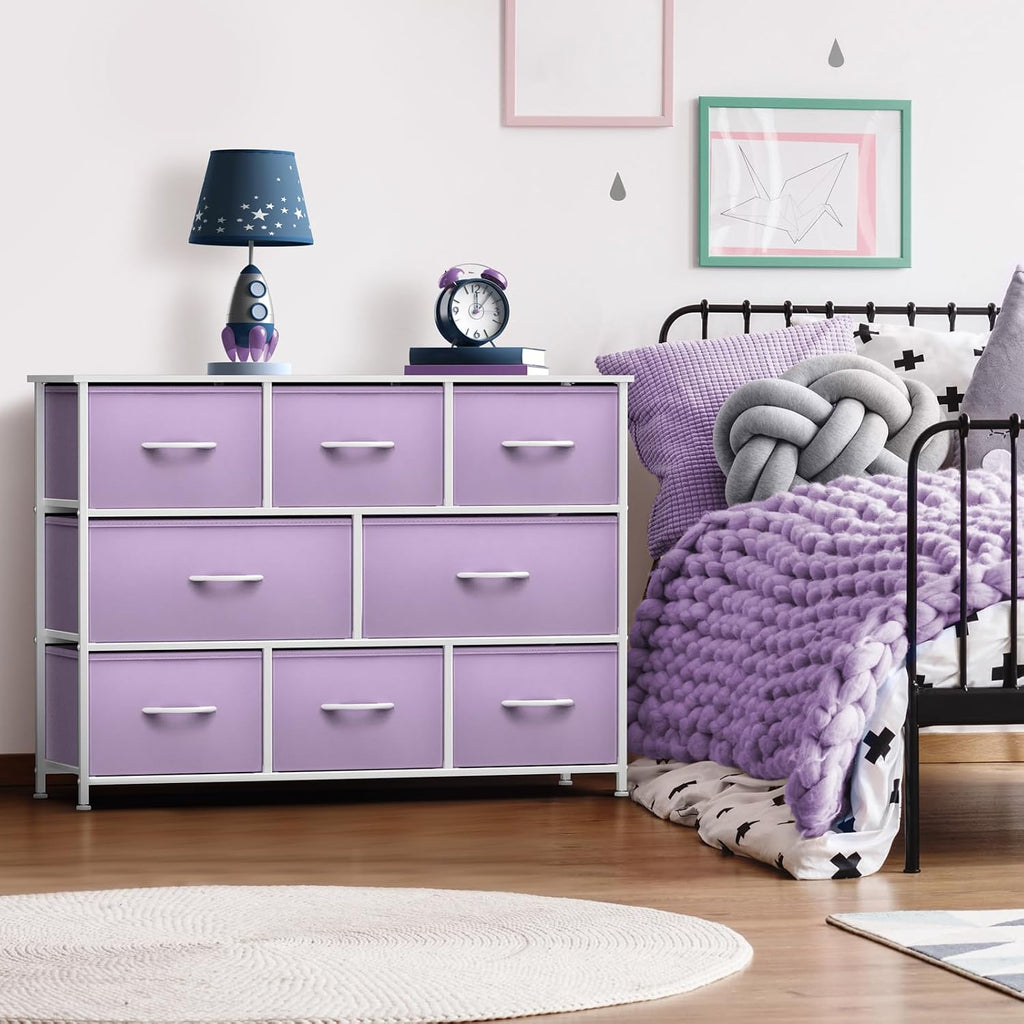 Kids Dresser with 8 Drawers - Chest Organizer Unit with Steel Frame Wood Top & Handle, Fabric Bins for Clothes - Wide