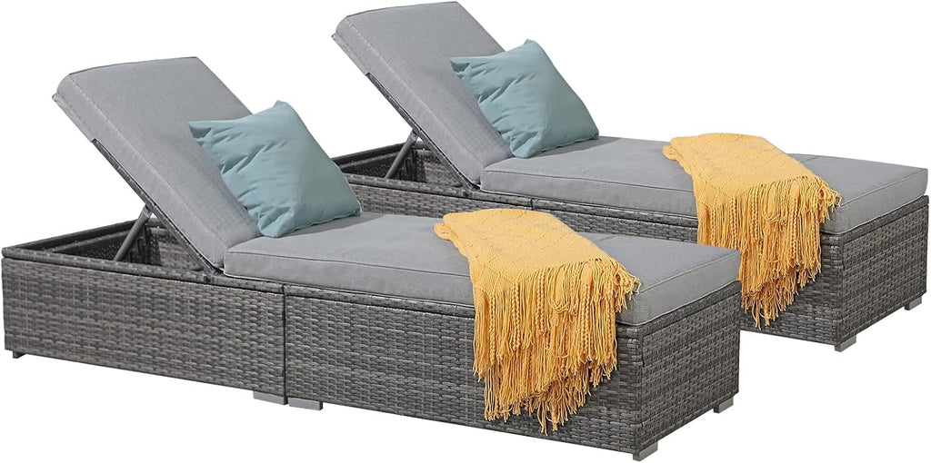 Outdoor Patio Chaise Lounge Chair Set of 2, Grey Wicker, Light Grey