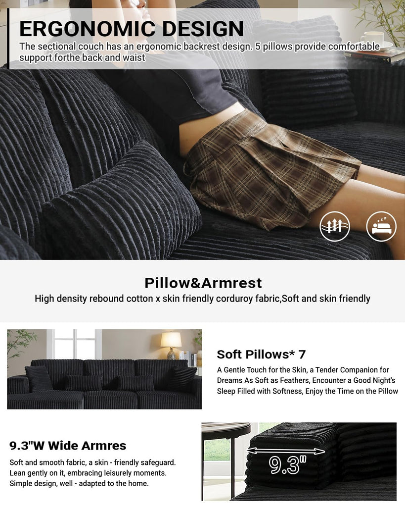 110" Cloud Sectional Couch, Modular Sectional Sofa with Deep Seat, Corduroy Upholstered Boneless Couch Bedroom, Left