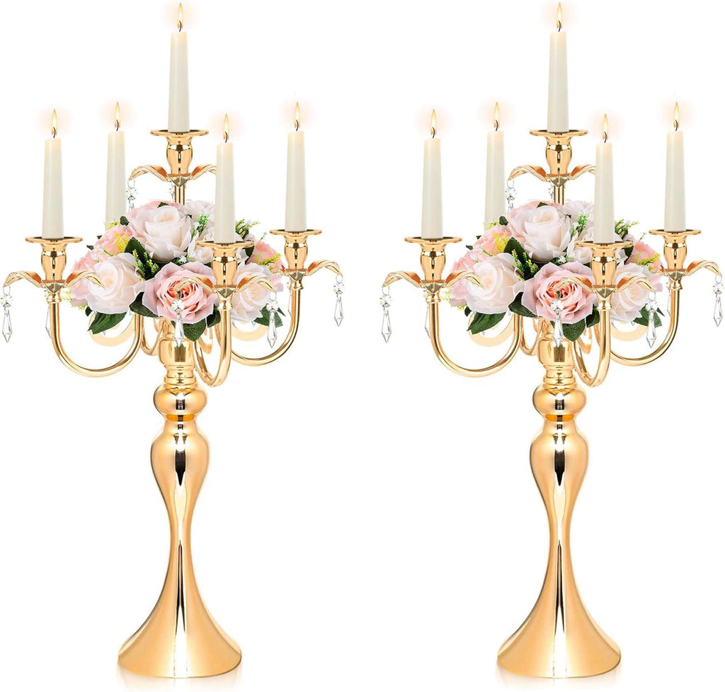2PCS Gold 5-Arm Candelabra Centerpiece - 20.3" Tall Metal Candle Holdervents, Dining Room, Church Decorations
