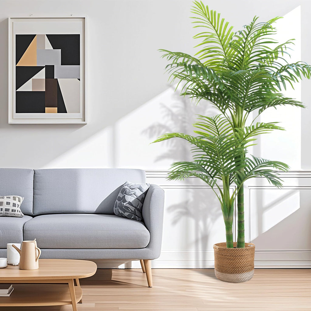 5FT Artificial Palm Tree - Faux Golden Cane Palm Tree Tropical UV Resistant Fake Plant Indoor with Weighted Pot Home