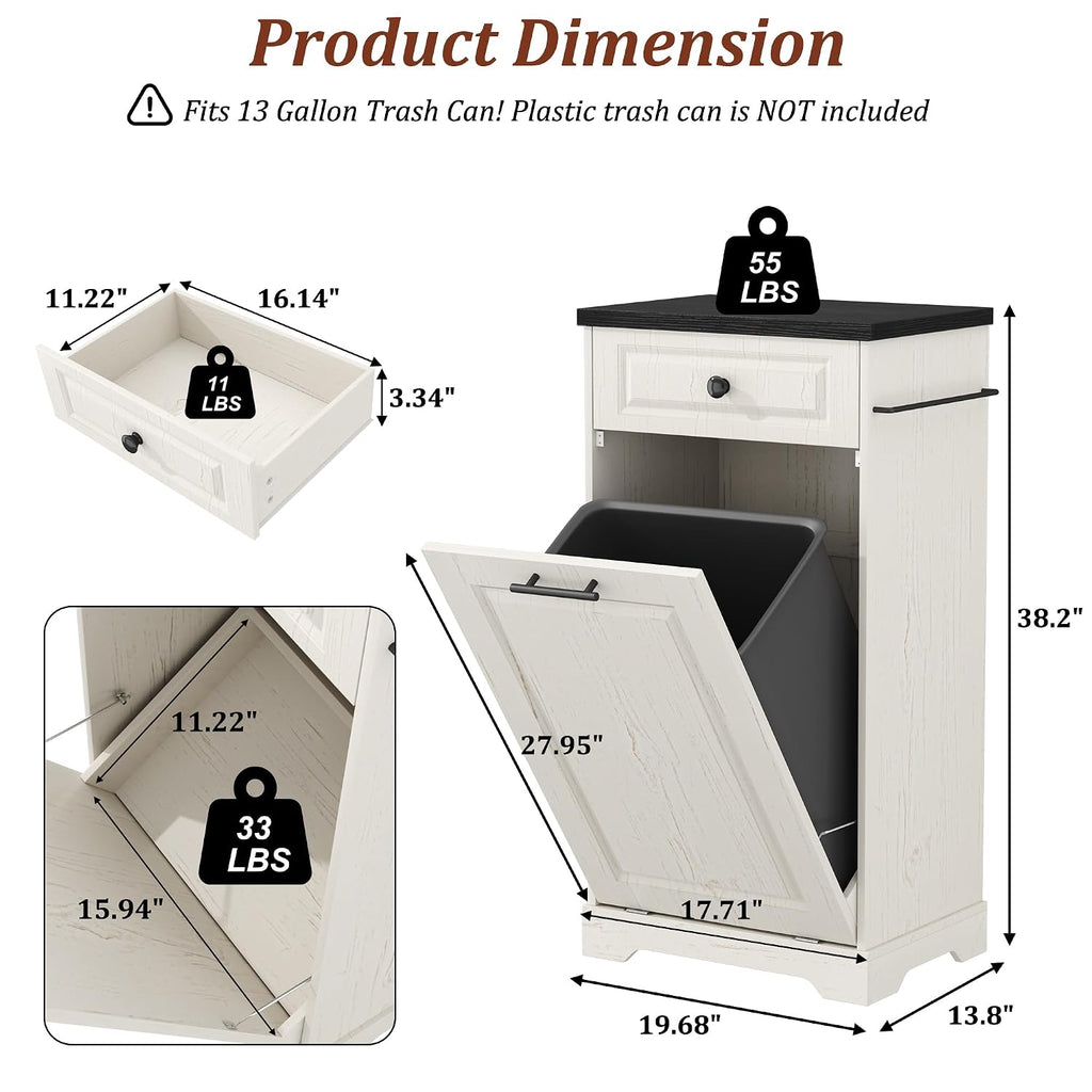 Trash Can Cabinet, 13 Gallon Tilt Out Trash Cabinet, Wooden Kitchen Garbage Can with Hideaway Drawer, Pet Proof Trash