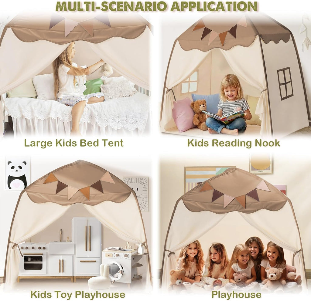 Extra Large Kids Play Tent with Flags & Star Lights, Portable & Foldable Teepee Tents, Dome Tent Playhouse for Indoor