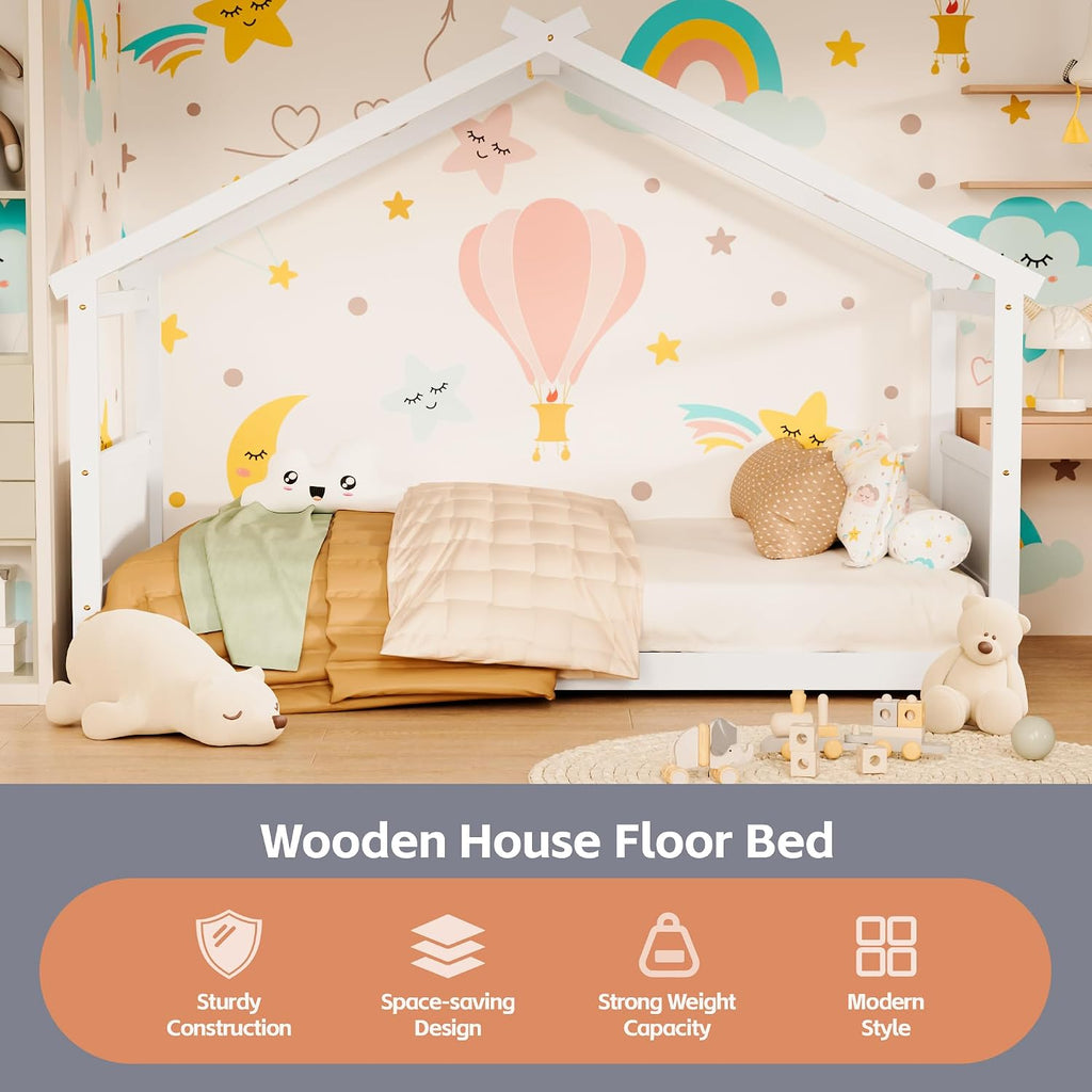 Montessori Floor Bed Frame, Solid Wood Kids House Bed Without Rails, Open Concept Toddler House Bed with